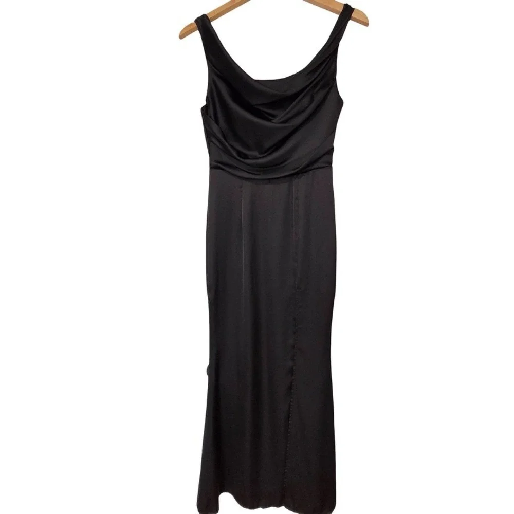 Formal Satin Dress Black Cowl Neck Side Slit Gown Women Small - Picture 2 of 6
